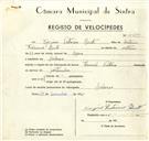 Registo de velocípede de marca Famel Vitória, com o nº 9439, em nome de Higino Patrício Bento, morador em Colares.