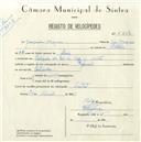 Registo de velocípede de marca Especial, com o nº 5208, em nome de Joaquim Marques, morador em Calçada do Rio do Porto, Sintra.