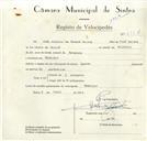 Registo de velocípede com o nº 8754, em nome de João António da Nazaré Baleia, morador em Rebanque.
