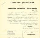 Registo de um veiculo de duas rodas tirado por dois animais de espécie muar destinado a transporte de mercadorias em nome de José Martins Vicente, morador em Almargem do Bispo.