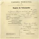 Registo de velocípede de marca Nacional, com o nº 1482, em nome de António Miguel dos Santos, morador em Várzea de Sintra.