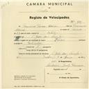 Registo de velocípede de marca Elios, com o nº 949, em nome de Francisco Firme Adrião, morador em S. João das Lampas.