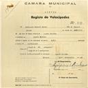 Registo de velocípede de marca Aprilia, com o nº 899, em nome de Domingos Manuel Bruno, morador em Santa Susana.