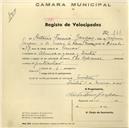 Registo de velocípede com o nº 866, em nome de António Ferreira Gaspar, morador em Almoçageme.
