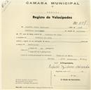 Registo de velocípede com o nº 647, em nome de Augusto Pedro Barrucho, morador em Manique de Cima.