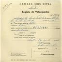 Registo de velocípede de marca Reliance, com o nº 2704, em nome de António José Simões Trindade Santos, morador em Colares.