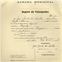 Registo de velocípede com o nº 385, em nome de José Bento dos Santos, morador em Magoito.
