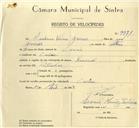 Registo de velocípede de marca Nacional, com o nº 9971, em nome de Américo Vieira Gomes, morador em Cacém.