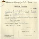 Registo de velocípede de marca Cycles Mauritania, com o nº 4883, em nome de Joaquim Geirinhas de Carvalho, morador em Pero Pinheiro.