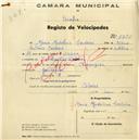 Registo de velocípede de marca Champion, com o nº 1774, em nome de Maria Madalena Cordeiro, moradora em S. Sebastião, Colares.