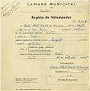 Registo de velocípede de marca Peugeot, com o nº 2221, em nome de Carlos Alberto Barata do Amaral, morador em Cacém.