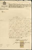 Alvará emanado do Governo civil a conceder licença para Fortunato Chamiço Júnior poder trasladar os restos mortais de Miguel David Golloay de Lisboa para o cemitério da vila de Sintra.