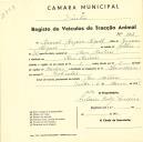 Registo de um veiculo de duas rodas tirado por dois animais de espécie bovina destinado a transporte de mercadorias em nome de Manuel Joaquim Miguel, morador em Mem Martins.