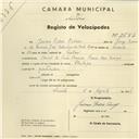 Registo de velocípede de marca Phillips, com o nº 2653, em nome de Jaime Pedro Croner, morador em Casal do Pato Bravo, Praia das Maçãs.