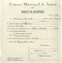 Registo de velocípede de marca Vilar com motor, com o nº 5488, em nome de Adriano Carvalho, morador em Sintra.