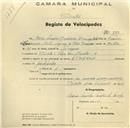 Registo de velocípede de marca Etnerap, com o nº 270, em nome de Maria Amélia Sandinha Mota, moradora na Rua das Murtas, nº 8, Sintra.