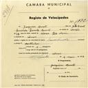 Registo de velocípede com o nº 1732, em nome de Joaquim Duarte, morador em Covas.