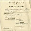 Registo de velocípede de marca Raio & Pombal, com o nº 3903, em nome de Manuel Pedrosa Parracho, morador em S. Pedro de Sintra.