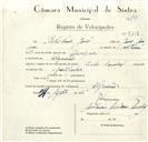 Registo de velocípede de marca Cicles Pombal, com o nº 9217, em nome de Belchior José, morador em Algueirão.