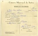 Registo de velocípede de marca Nacional, com o nº 9663, em nome de Inácio Luís Antunes, morador em Alvajar.