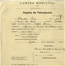 Registo de velocípede com o nº 2254, em nome de Cláudio Cruz, morador em Algueirão.