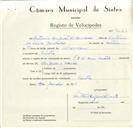 Registo de velocípede de marca F.B.M., com o nº 9033, em nome de António Augusto de Carvalho, morador em Sintra.