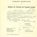 Registo de um veiculo de duas rodas tirado por dois animais de espécie asinina destinado a transporte de mercadorias em nome de Manuel Jorge, morador em Almargem do Bispo.