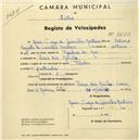 Registo de velocípede de marca Flecha, com o nº 2053, em nome de Maria Luísa de Carvalho Monteiro, moradora em Praia das Maçãs.