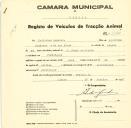 Registo de um veiculo de duas rodas tirado por um animal de espécie asinina destinado a transporte de mercadorias em nome de Feliciano Bandarra, morador em Pexiligais.