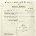 Registo de velocípede com o nº 5454, em nome de Estêvão da Silva, morador em Sintra.
