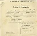 Registo de velocípede de marca Nacional, com o nº 828, em nome de José Rodrigues Pinto, morador em Mem Martins.
