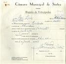 Registo de velocípede de marca Lambreta, com o nº 8988, em nome de José Luís, morador em Abrunheira.
