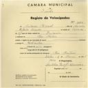 Registo de velocípede com o nº 1165, em nome de António Micael, morador em Mem Martins.