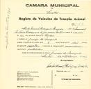 Registo de um veiculo de duas rodas tirado por dois animais de espécie cavalar destinado a transporte de mercadorias em nome de Carlos Manuel Rodrigues Zenida, morador na Granja do Marquês. 