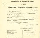 Registo de um veiculo de quatro rodas tirado por dois animais de espécie bovina destinado a transporte de mercadorias em nome de Domingos Sebastião, morador em Cortegaça.