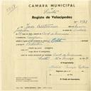 Registo de velocípede de marca Elite, com o nº 2971, em nome de João Cristovão, morador em Terrugem.
