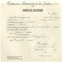 Registo de velocípede com o nº 4891, em nome de Álvaro Mendes, morador em S. Pedro de Sintra.