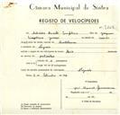 Registo de velocípede de marca Raio, com o nº 9264, em nome de António Duarte Simplicio, morador em Negrais.