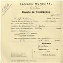 Registo de velocípede de marca Saltley, com o nº 2989, em nome de Júlio de Oliveira, morador em Avª António Enes nº 13, Queluz.