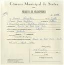 Registo de velocípede com o nº 5388, em nome de Hugh Rings Cruz, morador em Quinta da Bela Vista, Sintra.