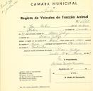 Registo de um veiculo de duas rodas tirado por dois animais de espécie muar destinado a transporte de mercadorias em nome de José Baleia, morador na Aldeia Galega.