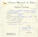 Registo de velocípede de marca Voltaire, com o nº 8807, em nome de António Augusto de Carvalho, morador em Sintra.
