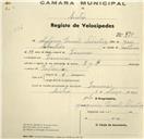 Registo de velocípede de marca E.J.F., com o nº 995, em nome de António Duarte Sebastião, morador em Lameiras.