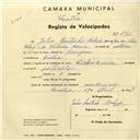 Registo de velocípede com o nº 2981, em nome de Júlio Coutinho Baleia, morador em Queluz.