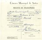 Registo de velocípede de marca Nacional, com o nº 9357, em nome de Arnaldo Fernando do Couto Pereira, morador em Albarraque.