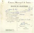 Registo de velocípede de marca Nacional, com o nº 9524, em nome de Manuel da Costa, morador em S. Pedro de Sintra.