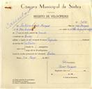 Registo de velocípede de marca Popular, com o nº 9835, em nome de António Capelo Marques, morador em Queluz.