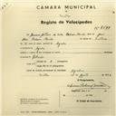 Registo de velocípede com o nº 2698, em nome de Américo António da Silva Bebiano Mourão, morador em Agualva.