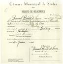 Registo de velocípede com o nº 5539, em nome de Manuel Bento de Sousa, morador em Queluz.