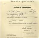 Registo de velocípede de marca Olympique, com o nº 180, em nome de Carlos Correia, morador em Cacém de Baixo.